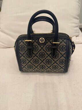 Tory Burch T Monogram Mini Boston Bag Navy Beige - Like New